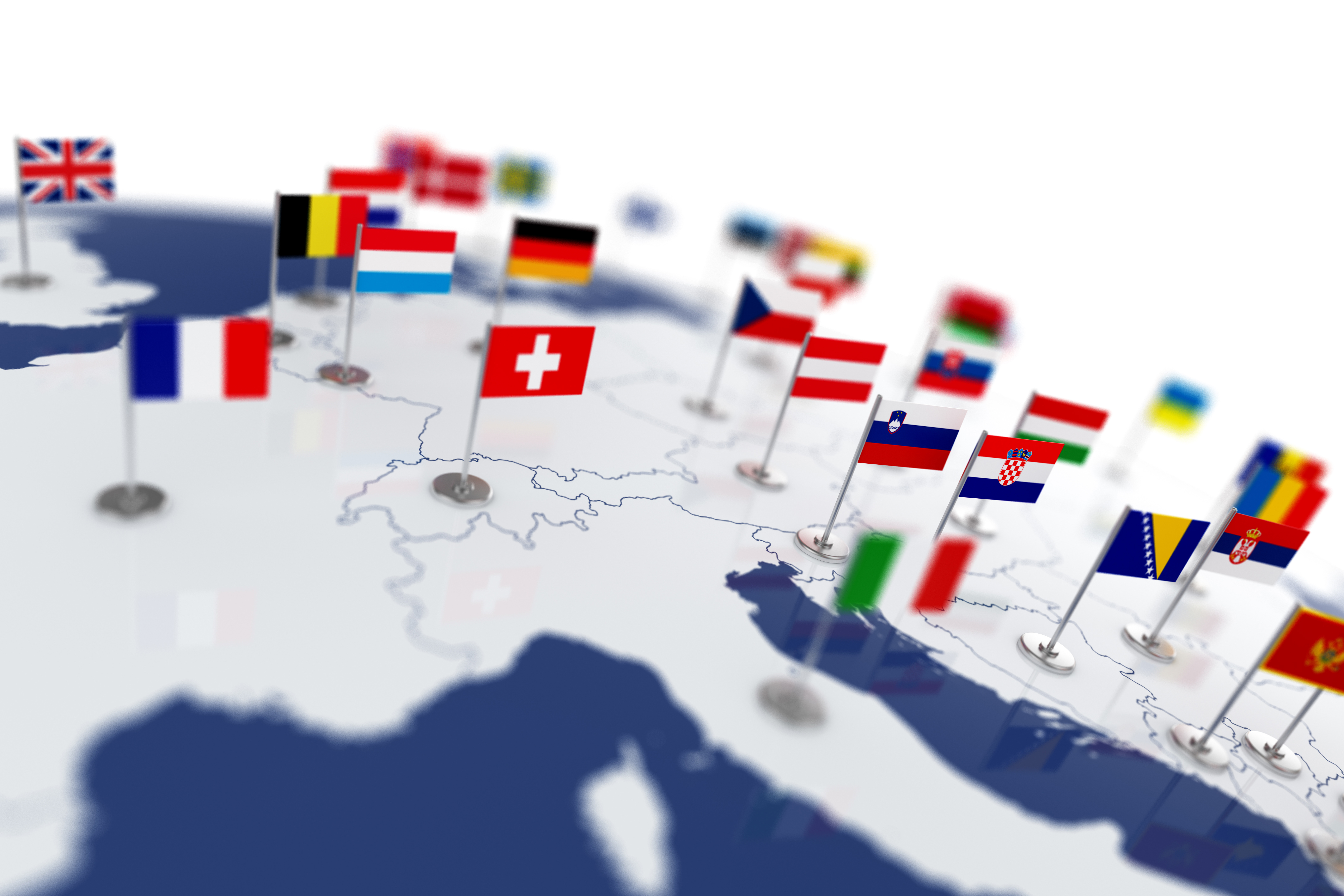 Flags of European countries marked on the map.