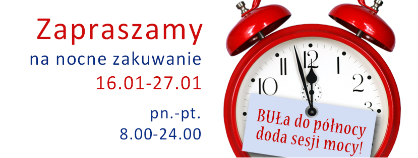 Czerwony zegar z napisem "BUŁa do północy doda sesji mocy"