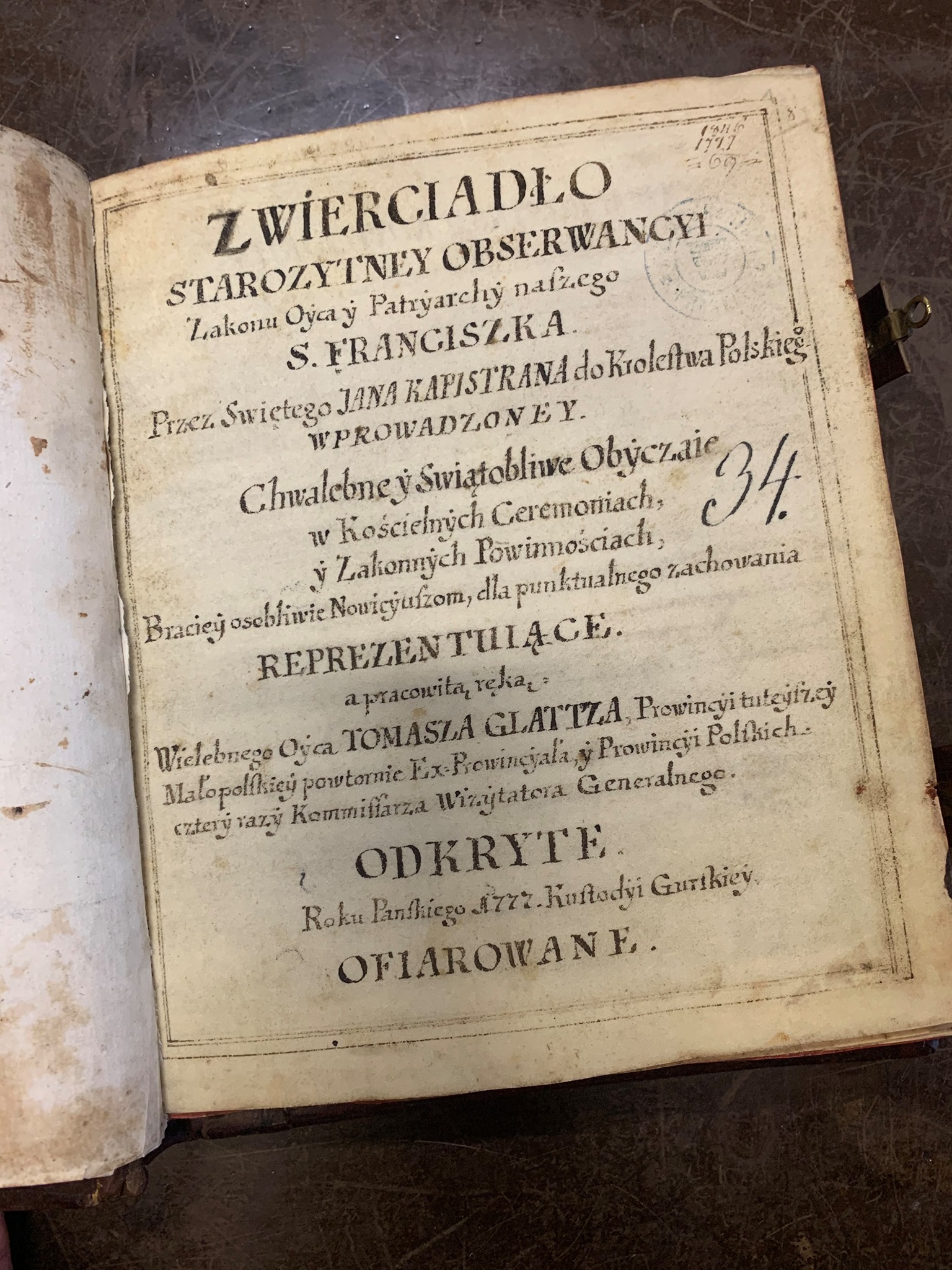 strona tytułowa książki Zwierciadło starozytney obserwancyi