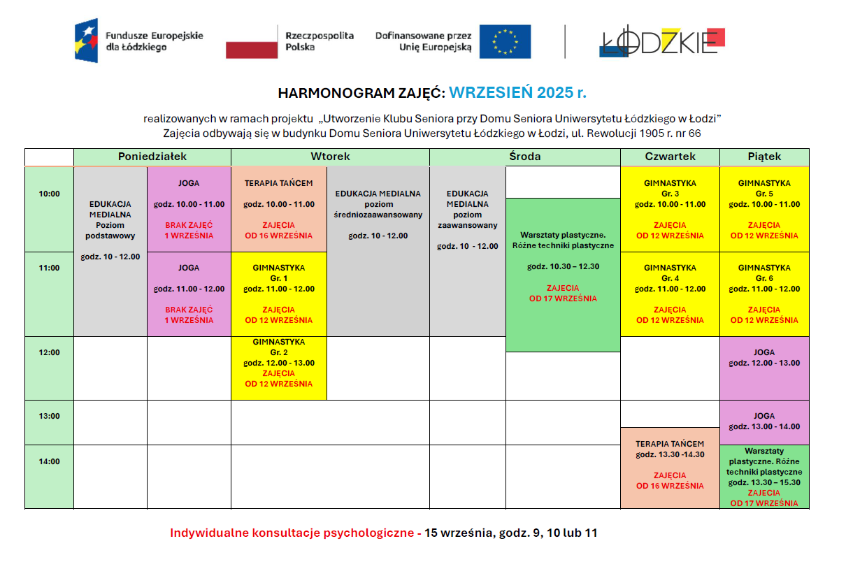 Harmonogram zajęć na wrzesień 2025 r.