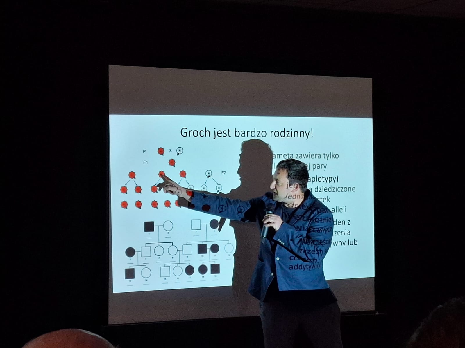 Wykładowca tłumaczy tematy genetyki na tablicy
