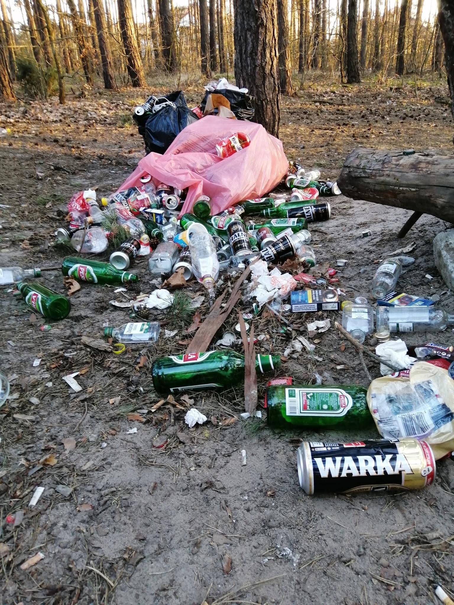 dzikie wysypiska puszki i butelki w lesie