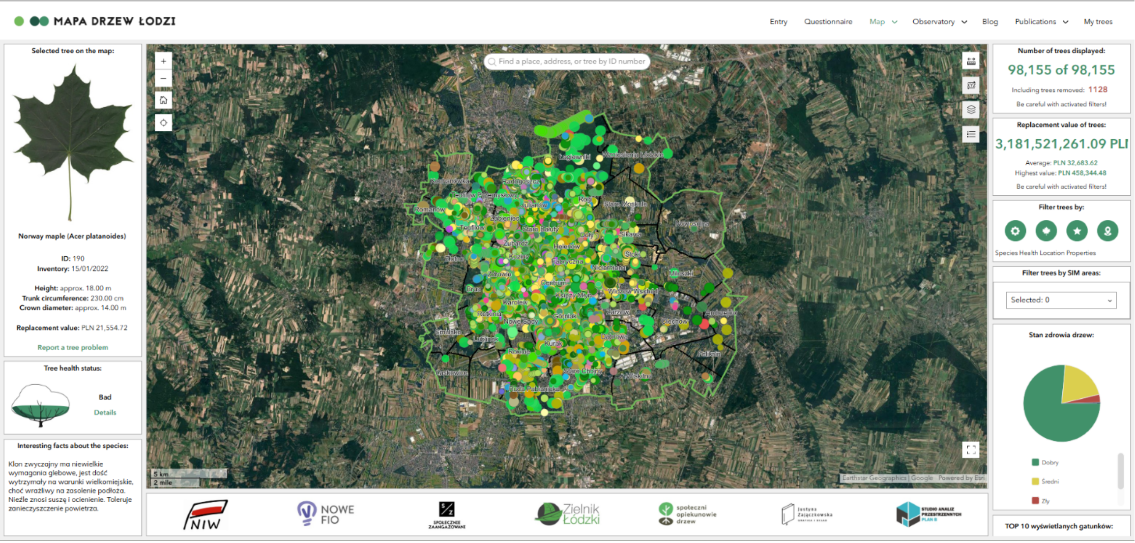 mapa drzew w Łodzi
