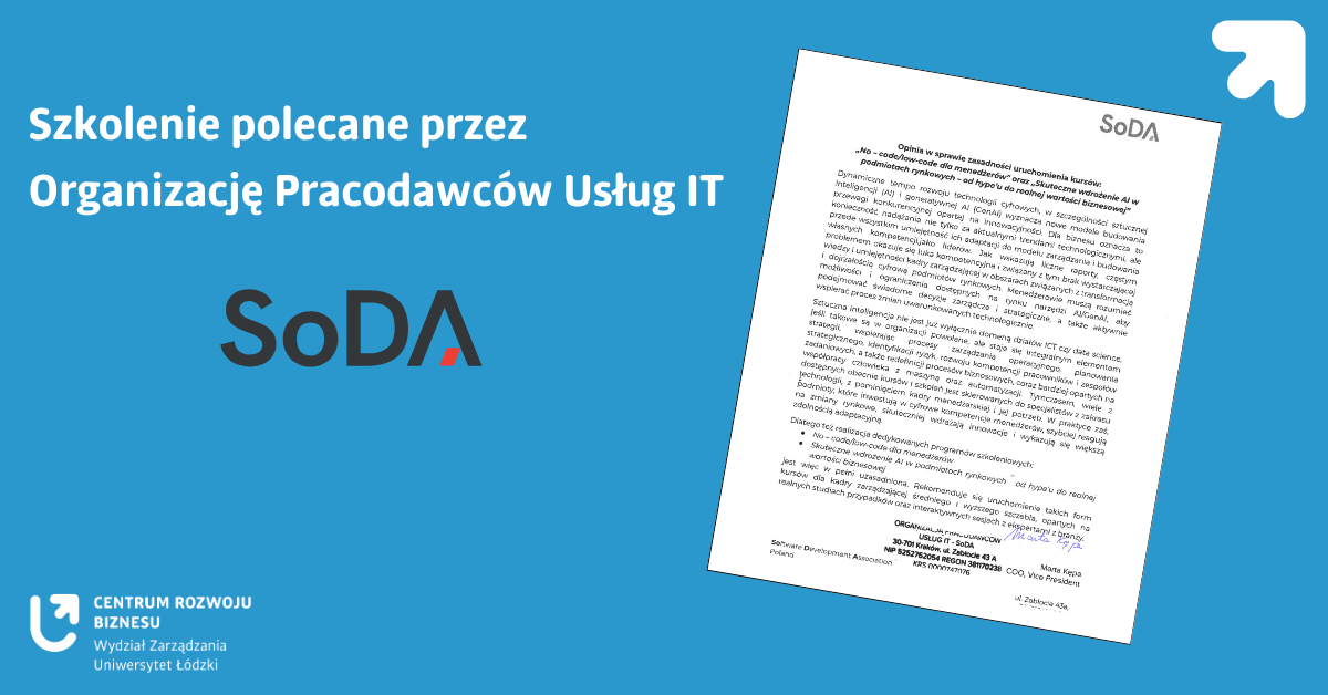 Grafika z pismem organizacji SoDA polecjącym szkolenie