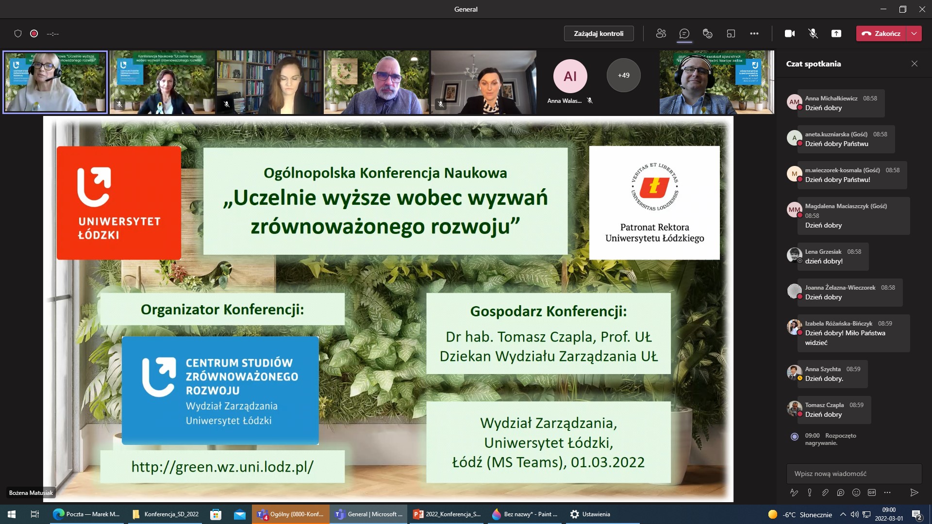 Zrzut z ekranu aplikacji MS Teams Ogólnopolskiej Konferencji Naukowej pt. „Uczelnie wyższe wobec wyzwań zrównoważonego rozwoju”, Wydział Zarządzania, Uniwersytet Łódzki, 01.03.2022