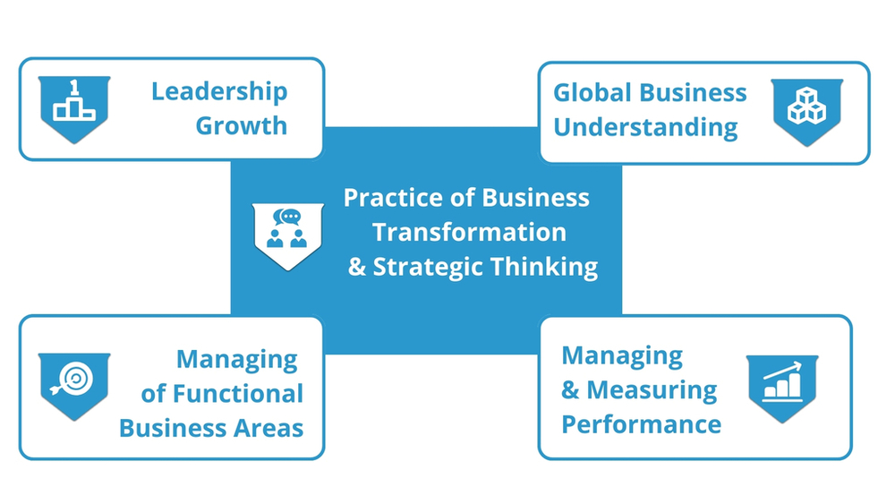 Grafika przedstawiająca moduły studiów MBA: Global Business Understanding, Managing of Functional Business Areas, Managing & Measuring Performance, Leadership Growth, Practice of Business Transformation & Strategic Thinking