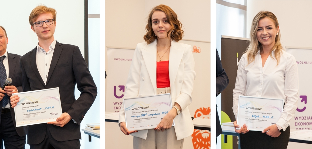 Gala finałowa IV edycji konkursu - trójka laureatów dodatkowych wyróżnień pozuje z pamiątkowymi dyplomami