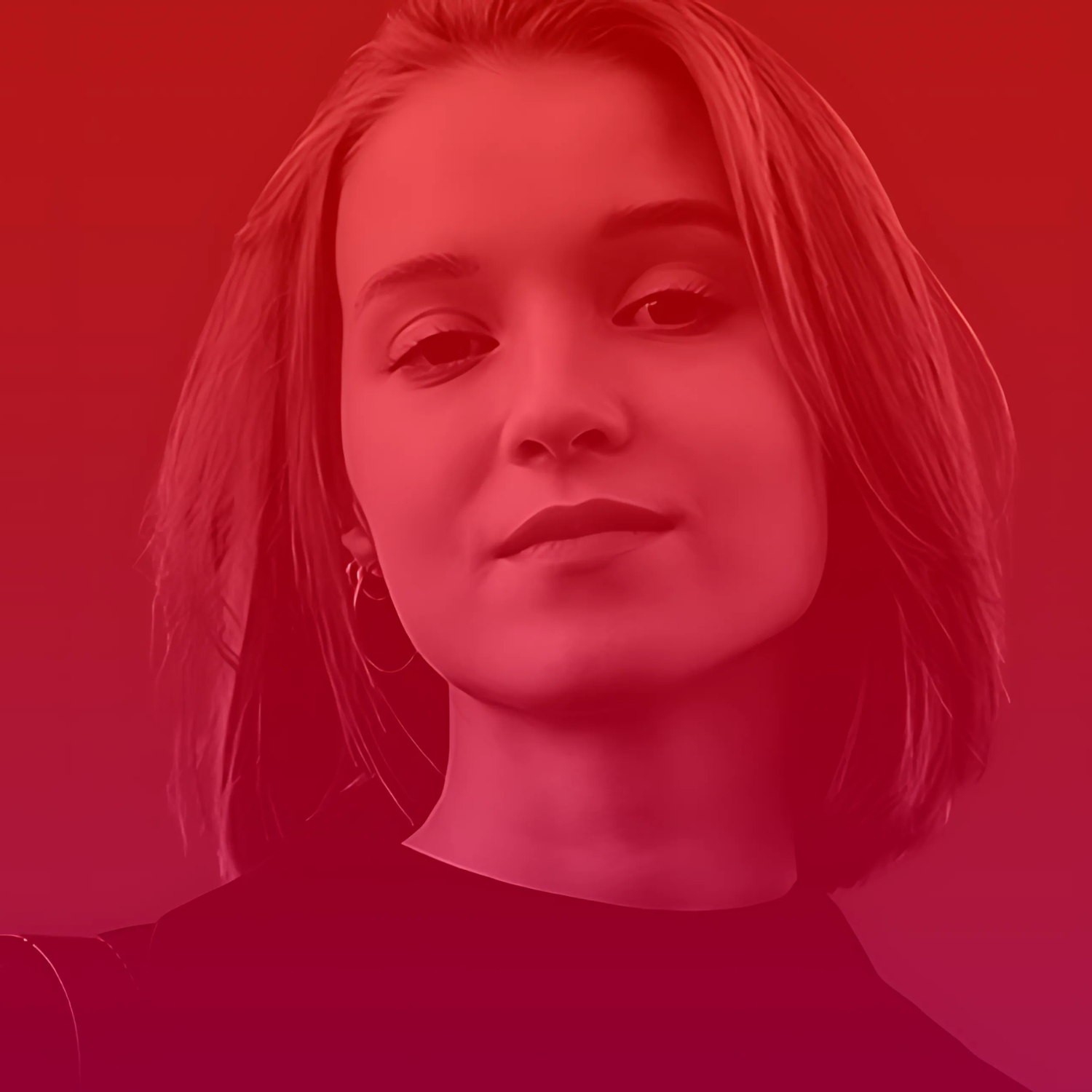 W centralnej części okrągłej grafiki znajduje się zbliżenie twarzy młodej kobiety o krótkich, rozpuszczonych włosach. Jej spojrzenie jest skierowane przed siebie, wyraz twarzy spokojny i pewny siebie. Ma delikatny makijaż, lekko podkreślone oczy i subtelnie błyszczące usta. Kobieta nosi duże, cienkie kolczyki-koła oraz ciemny, gładki top. Całą kompozycję pokrywa ciepły, czerwono-różowy gradient, nadający zdjęciu nowoczesny, spójny wizualnie styl.