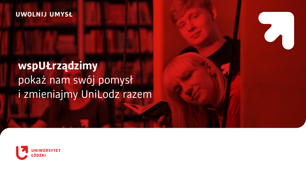 Dwoje studentów, dziewczyna i chłopak, na czerwonym tle 