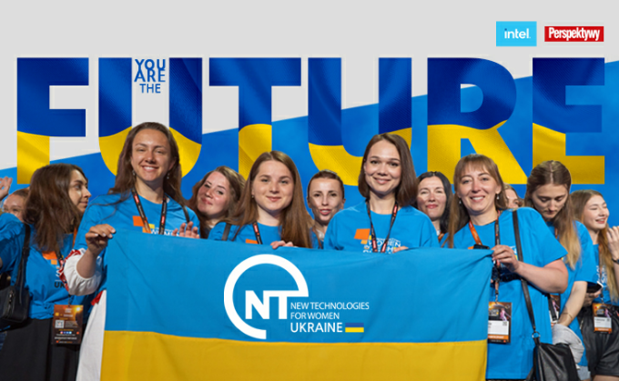 plakat programu z kobietami trzymającymi flagę ukraińską