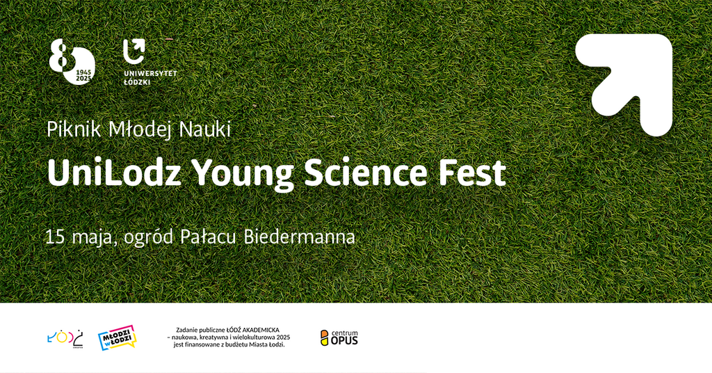 Grafika przedstawia trawnik z napisem Piknik Młodej Nauki UniLodz Young Science Fest